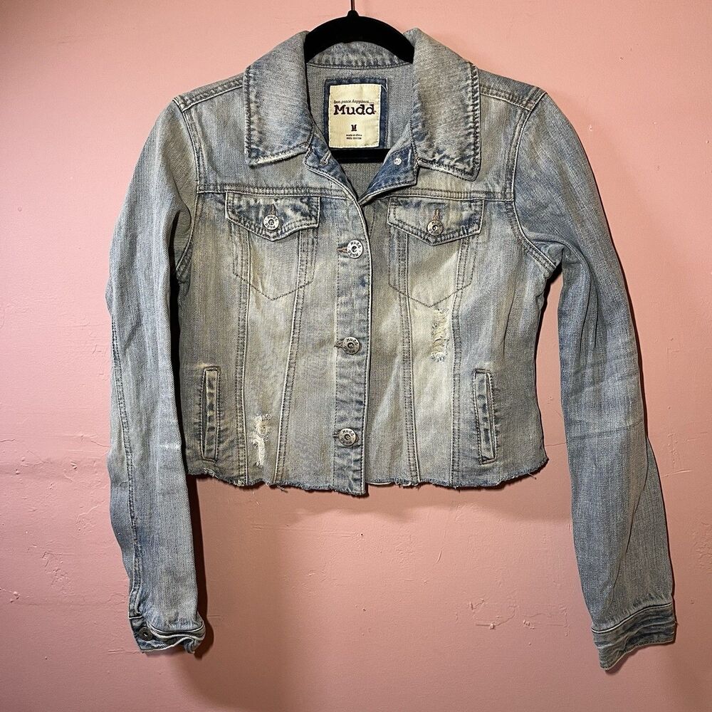 Mudd distressed light wash denim trucker jean jacket y2k cropped length M